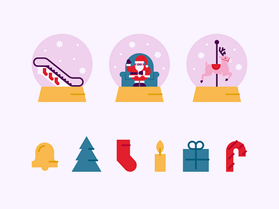 Holidays at the Mall branding christmas design escalator flat holiday icon illustration mall merry go round santa shopping snow snow globe stockings winter wonderland