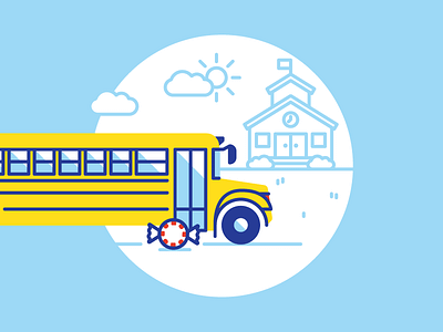 School Bus Scene adventure bus flat icon illustration mint morning school sun travel vector
