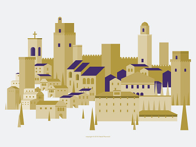 San Gimignano gold golden illustration illustrator italy medieval purple rich tower town tuscany vector