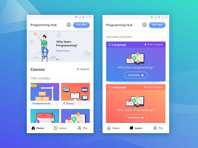 Programming Hub - Home Screen UI course screen ui gradient interface graphics home screen ui home ui iconography icons illustration interface design learning app mobile app ui programming sketch ui design vector