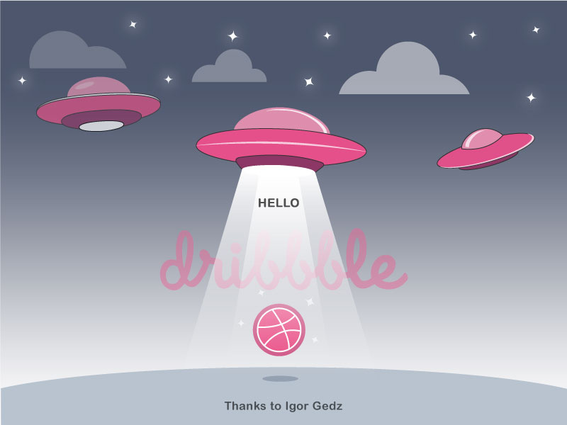 Hello, Dribbble flying saucer first shot thanks ufo invites illustration