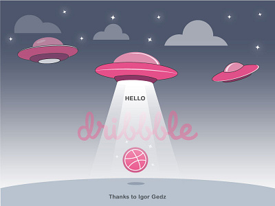 Hello, Dribbble first shot flying saucer illustration invites thanks ufo