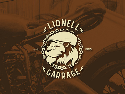 LIONELL GARRAGE LOGO adobe animal badge graphic design illustration lion motorcycle vintage logo