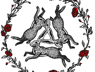 Hares & a rose wreath black hare hares ink linework pen and ink red rose roses woodcut wreath