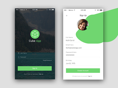 Cube Sign In & Sign Up Screen app clean cube design green minimal mobile sign simple user interface ux