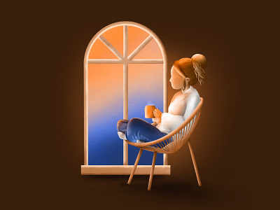 Coffee break art break chair coffee digital illustration view window woman