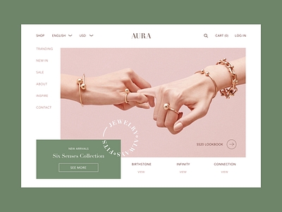 Aura accessories dusty pink ecommerce hero banner jewel jewelry minimal navigation shopping simplicity ui ux web