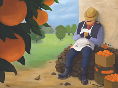 Farmer birds character design drawing environment design illustration long day oranges photoshop photoshop painting sketches