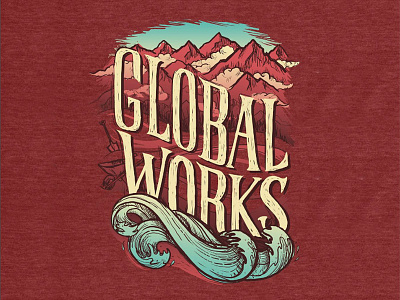 Global Works beach clouds global global works illustration mountains shovel t shirt waves world