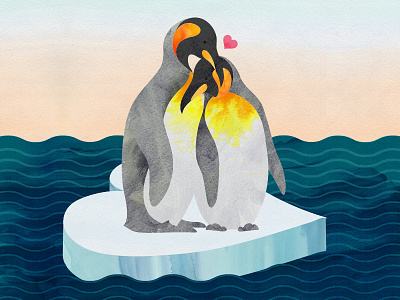 Cuddle Time! cuddle heart iceberg illustration love ocean penguin penguins sunrise valentines vector watercolor