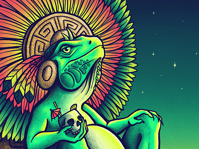 Iguana God charcoal drawing feathers god gold iguana illustration mayan neon skull tropical