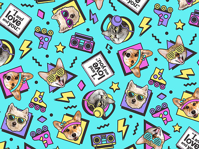 90's Pets Pattern 90s bright cat cats dog dogs neon pattern pets retro stars teal