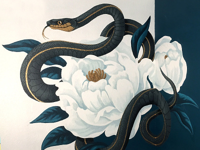 Snake Mural black black gold floral gold mural painting peonies peony serpent snake wall