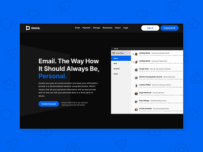 Dmail - Peer to peer emailing system app blue branding dark email email design email marketing minimal simple ui uiux website zensite