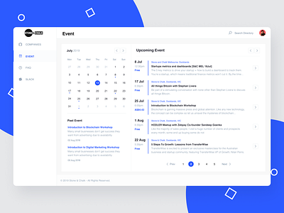 Events For Stone and Chalk admin app blue booking branding business calander coworking space design event icon minimal planning simple ui uiux ux vector web workshop
