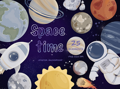 Space time astronaut moon planets rocket space