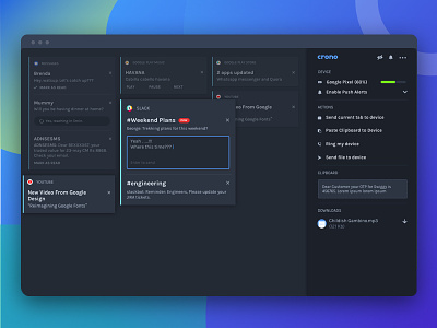 Crono Version 2.0 Dark Theme battery browser chat dashboard laptop message notification product ui ux