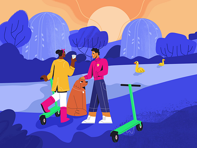 Chillin' with Bolt animation character design dog ducks electric scooter gif illustration lake loop park scooter sunset