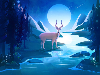 No business, no harm deer illustration moonlight scene stream
