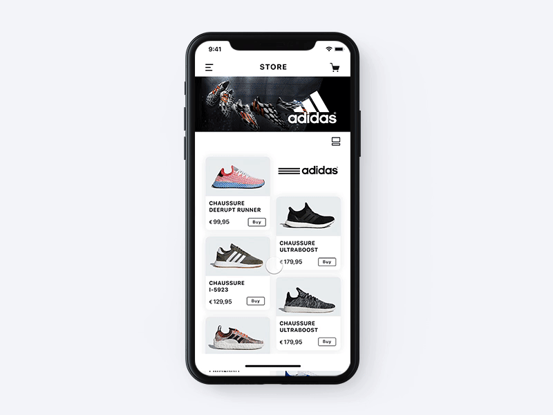 Adidas Store adidas card store animation app ecommerce invision invision studio micro interaction shoes shop shopping