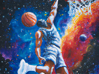 An expressive oil painting of a basketball player dunking. 3d branding design graphic design illustration logo motion graphics ui ux vector