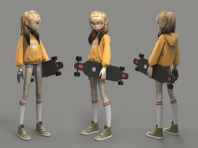 Longboard girl 3d character design girl longboard zbrush