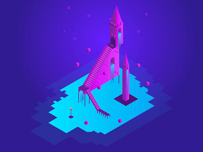 Tower monument castle dribbble gradient illustration lago pink river stairs torre tower ui ux