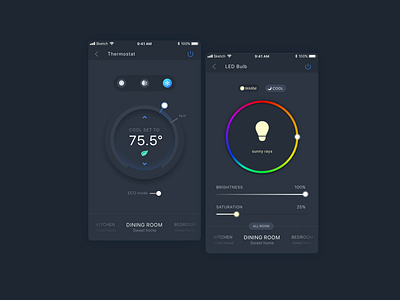 Smart Devices Controls controls dark theme ios iot led bulb mobile smart home thermostat ui ux