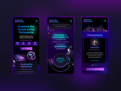 Enter The Metaverse - Event website - mobile UI 3d branding conference countdown crypto galaxy homepage ui interface landing ui metaverse mobile nft space ticket ui user interface ux web website website design