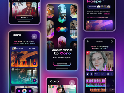 Coro - Music Collaboration App beatmaker branding collaboration dark mode dark ui e learning interface learn lessons logo mobile interface mobile ui music player musicians singer tiktok ui ux web design web marketing