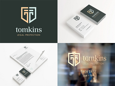 Tomkins Brand Overview business cards lawyer legal letterheads logo monogram pillars protection shield strength tomkins window graphic