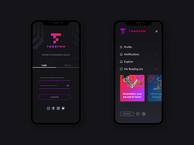 TRNSFRM App Concept - Login and menu screens [1/2]