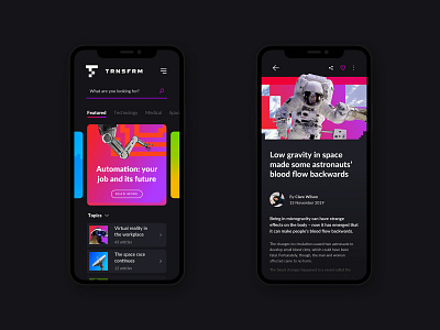 TRNSFRM App Concept - Explore and article screens [2/2] app design article brand branding cards ui dark mode dark ui explore futuristic gradient interfface minimal mobile design monogram search sketchapp tiles uiux