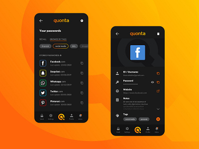 Quonta App [2/2] application branding dark mode dark ui encryption icon design last pass logo password manager passwords protect safe security security app ui