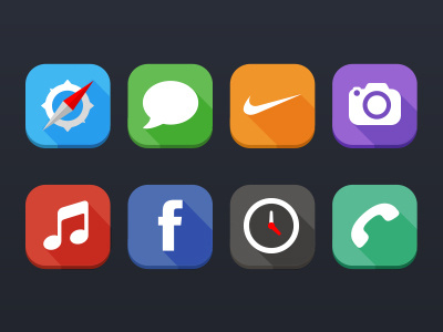 Flat iOS Icons android apple clock flat icons long shadows music nike phone safari shadows