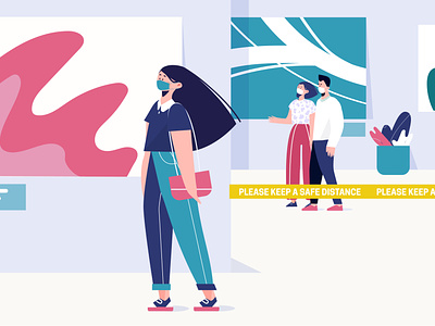 new normal at the museum character covid illustration lifestyle museum new normal people people illustration safe distance vector vector illustration