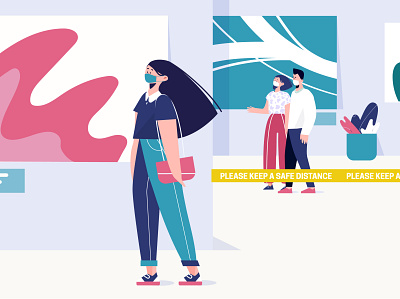 new normal at the museum character covid illustration lifestyle museum new normal people people illustration safe distance vector vector illustration