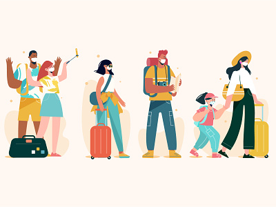 Tourists wearing face masks character facemasks illustration lifestyle new normal people people illustration tourists vector vector illustration