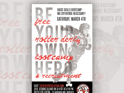 Be Your Own Hero cursive desaturated event flyer graphic design layout monotone red roller derby type typography