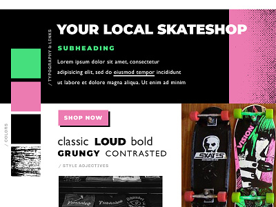 Skate shop style tile 80s 90s branding grunge look and feel moodboard punk skate skate shop skateboard style tile web