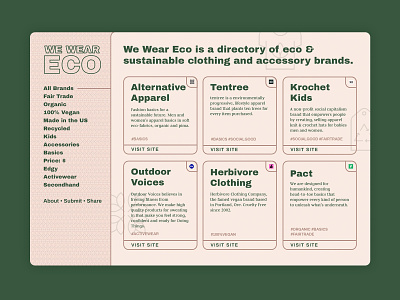 Eco clothing brand directory cards cards ui directory eco environment grid informational natural one page one page site organic retro texture ui vintage warm web web design website