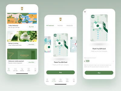 Coffee App Concept Design app app design blue buying card clean coffee flat giftcard green illustration starbucks store ui uiux