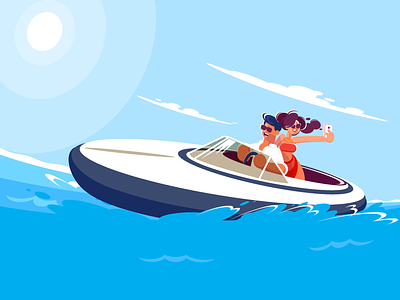 Couple on the motorboat boat character couple design flat illustration motion motorboat vector
