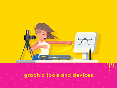 Designer at work ad character concept design designer equipment flat girl illustration vector