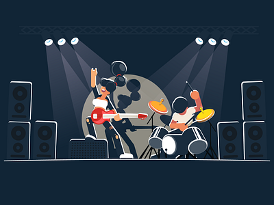 Music duo shows a concert on a dark stage band character concept flat illustration music rock show stage vector