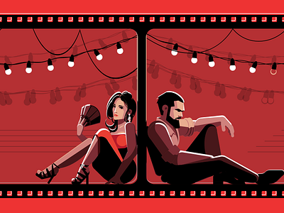 Latino couple sitting on opposite sides of the wall (frame) character concept film flat frame illustration latino red vector
