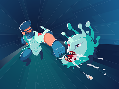 Kick the virus character concept covid doctor flat illustration kick monster motion strike vector