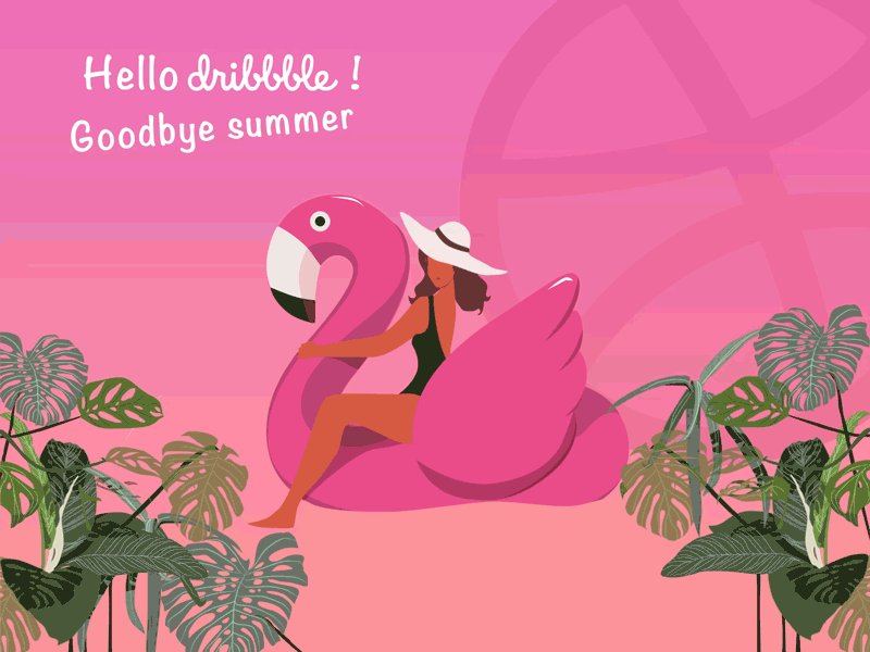 Hello Dribbble! Goodbye summer! animation flamingo girl girl illustration hello dribbble illustration