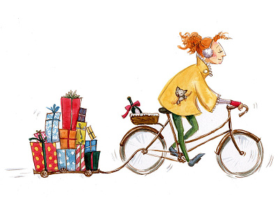 Holiday Bike bike cats christmas illustration presents seasonal watercolor wine winter
