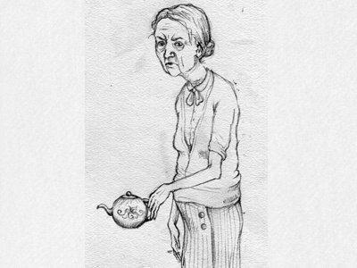 Old Schoolmarm 1930s art character drawing illustration school sketch teacher teapot